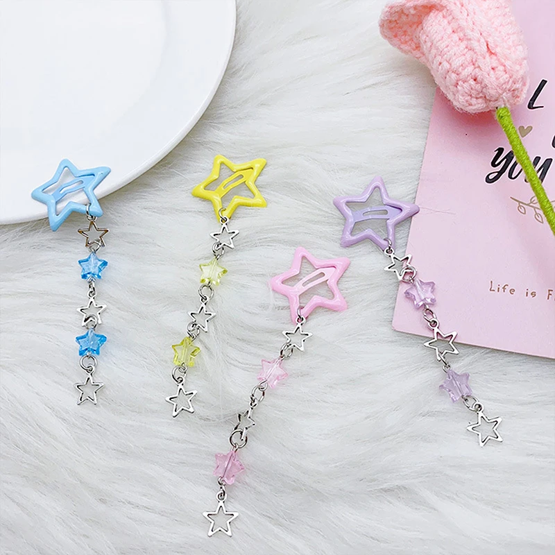 Sweet Cute Star Fringe Pendent Hair Clip Hairpin Colorful Pentagram BB Clips Barrettes For Girls Dopamine Y2k Hair Accessories