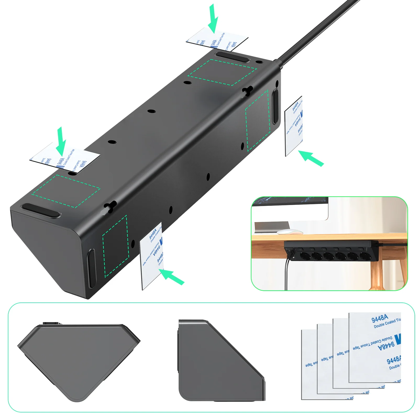 شريط طاقة بمقبس متعدد أوروبي 6 طرق مع 2 USB 2 Type C، مقبس زاوية متعدد الوظائف مع كابل 2 متر للطاولة المنزلية