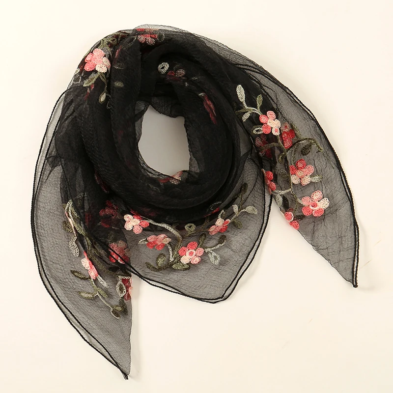 Fashion Flower Embroidered Organza Square Scarf Plain Soft Women Headscarf High Quality Ladies Summer Sun Protection Headband