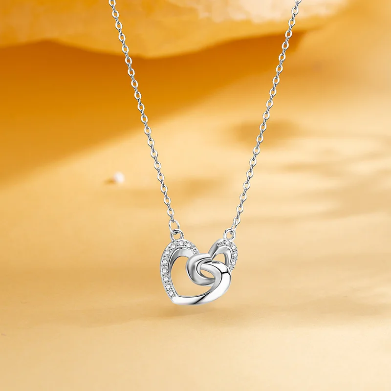 الأوروبي 925 الفضة الاسترليني اثنين على شكل قلب AAA الزركون قلادة رومانسية الذكرى مجوهرات الزفاف هدايا لها
