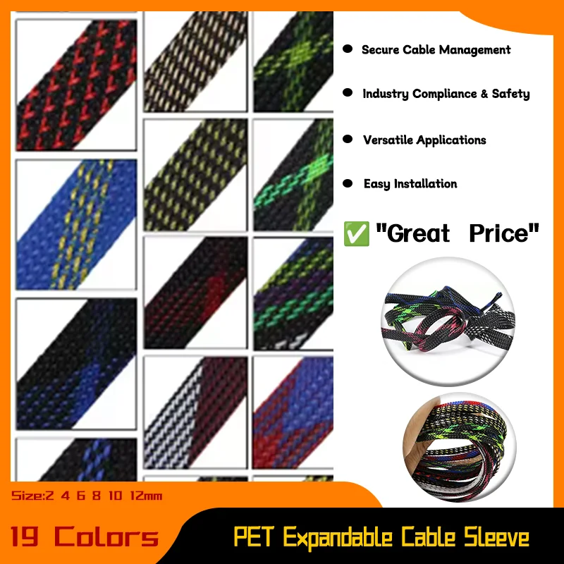 

1/5M 2 4 6 8 10 12mm PET Braided Cable Sleeve Expandable Tight High Density Insulated Line Protection Wire Wrap Sheath 19 Colors