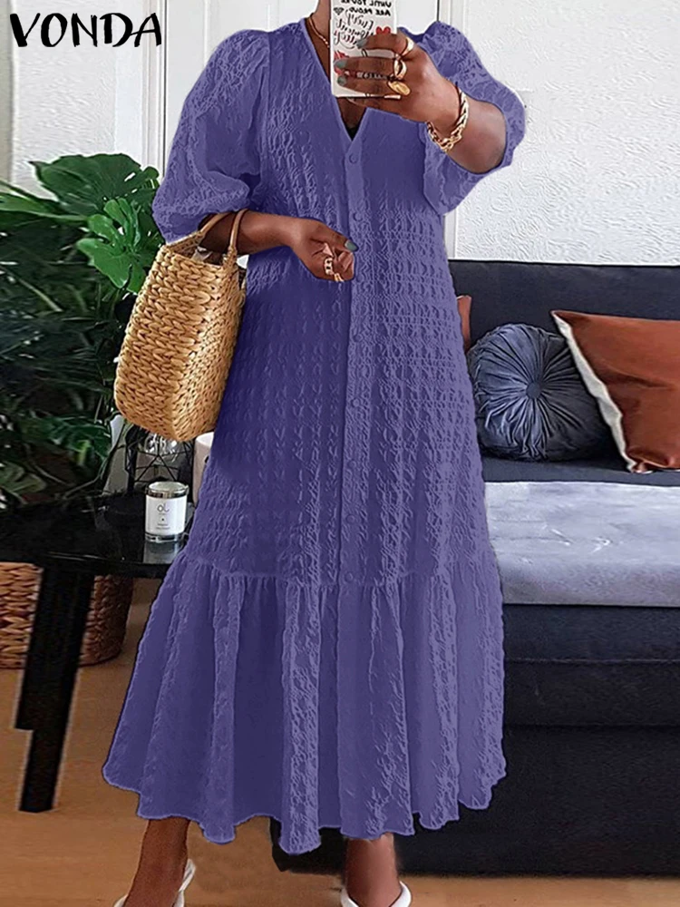 Summer Shirt Dress Women Casual Half Sleeve V Neck Button Down Pleated Long Dresses VONDA Ladies 2023 Bohemian Vestidos  Robe