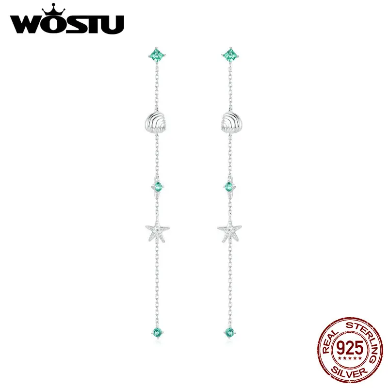 

WOSTU 925 Sterling Silver Blue Ocean Ear Thread Through Earrings with Glass For Women Fine Jewelry Summer Party Vacation Gift