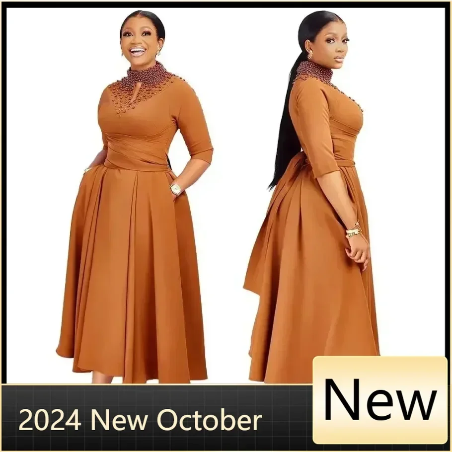 

Customized African Party Evening Dresses for Women Elegant 2024 Spring African Half Sleeve Solid Color Midi Dress Dashiki Africa