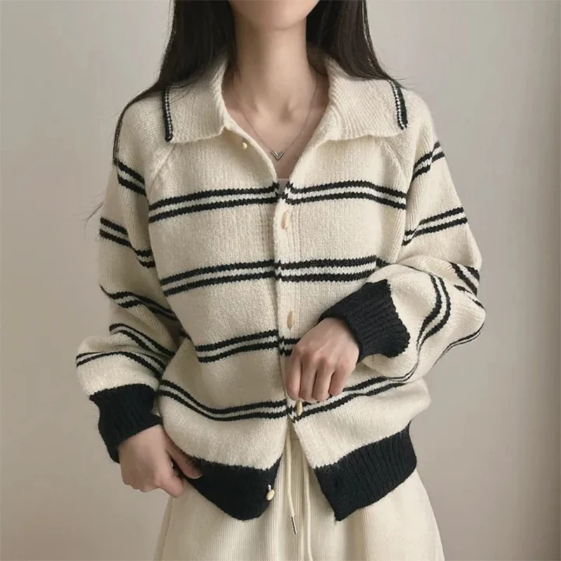 

Полосатый свитер с цветными блоками, осенне-зимний кардиган 2021, свободный вязаный свитер на пуговицах, топ с лацканами