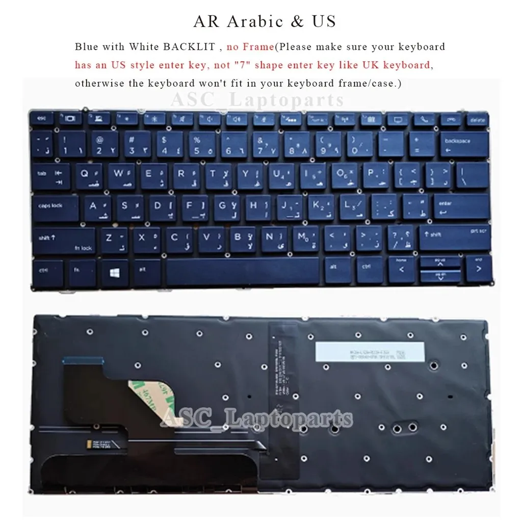 New Arabic Greek Korean Russian US QWERTY Keyboard for HP Elite Dragonfly G1, G2, Max Blue with BACKLIT, No Frame