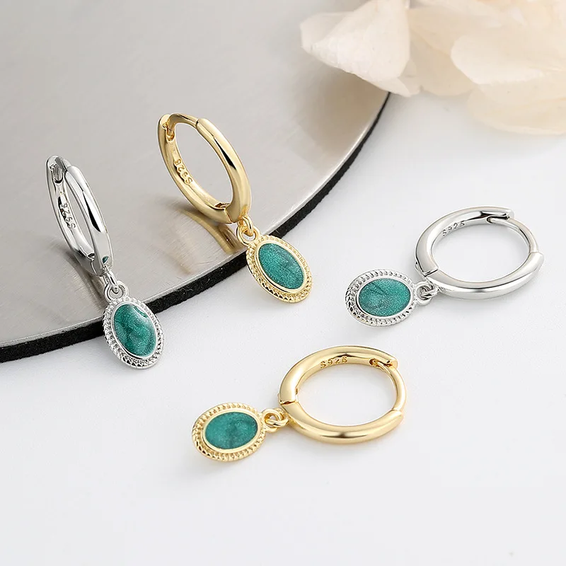 Korean 925 Sterling Silver Green Enamel Hoop Earrings for Women Girls Piercing Jewelry Women\'s Party Wedding Pendiente