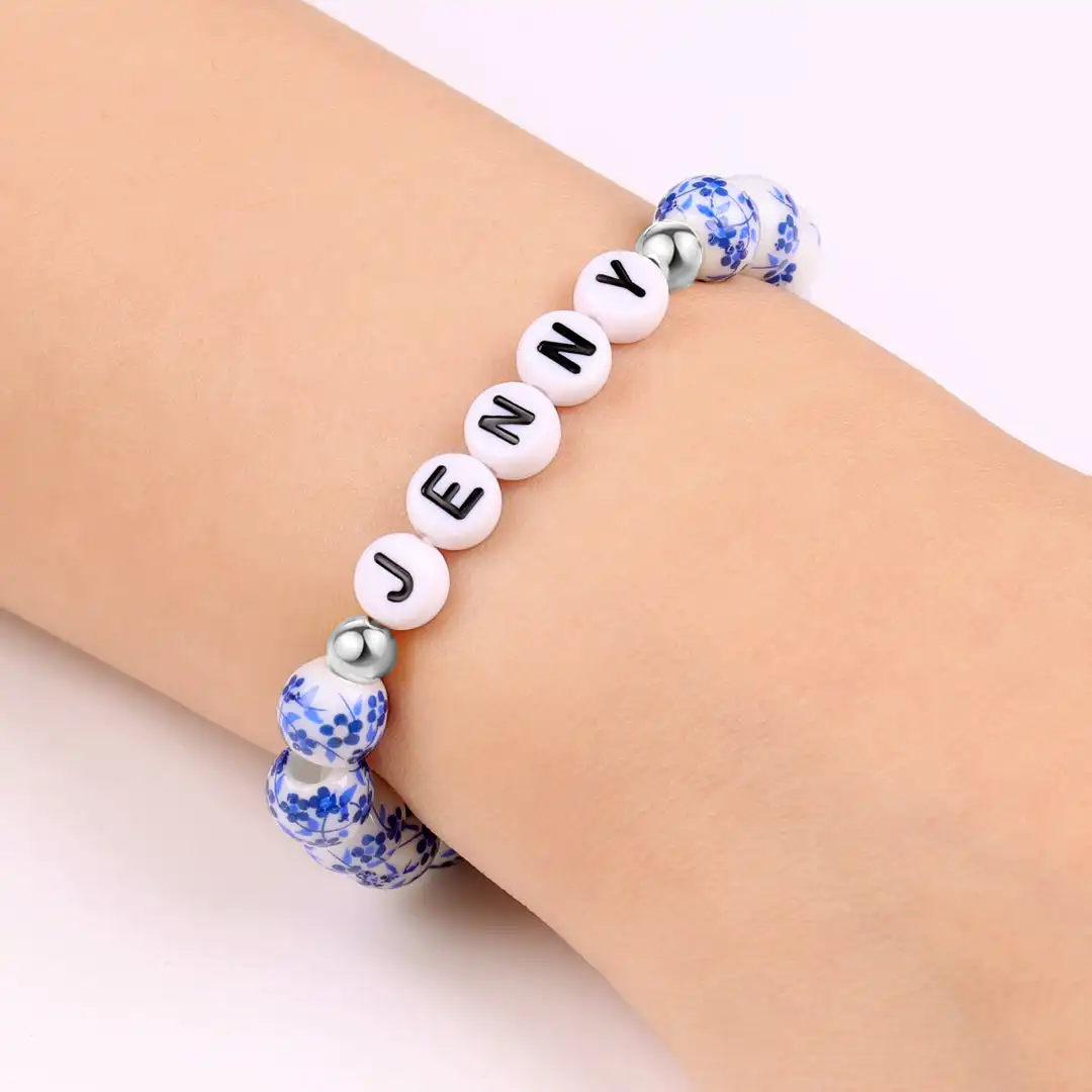 

Custom Blue Porcelain Floral Beaded Name Bracelet Personalized Bohemian Name Jewelry Kids Back To School Gift for Daughter Gifts