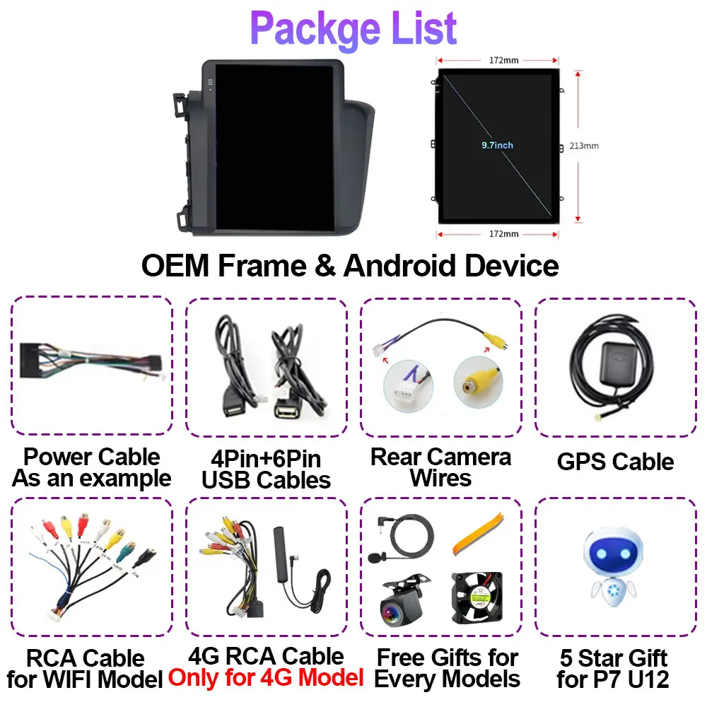 لهوندا سيفيك 9 FB FK FD 2011-2015 9.7 بوصة 7862S أندرويد 13 راديو السيارة تسلا نمط الوسائط المتعددة 4G CarPlay السيارات لتحديد المواقع نافي ستيريو #5