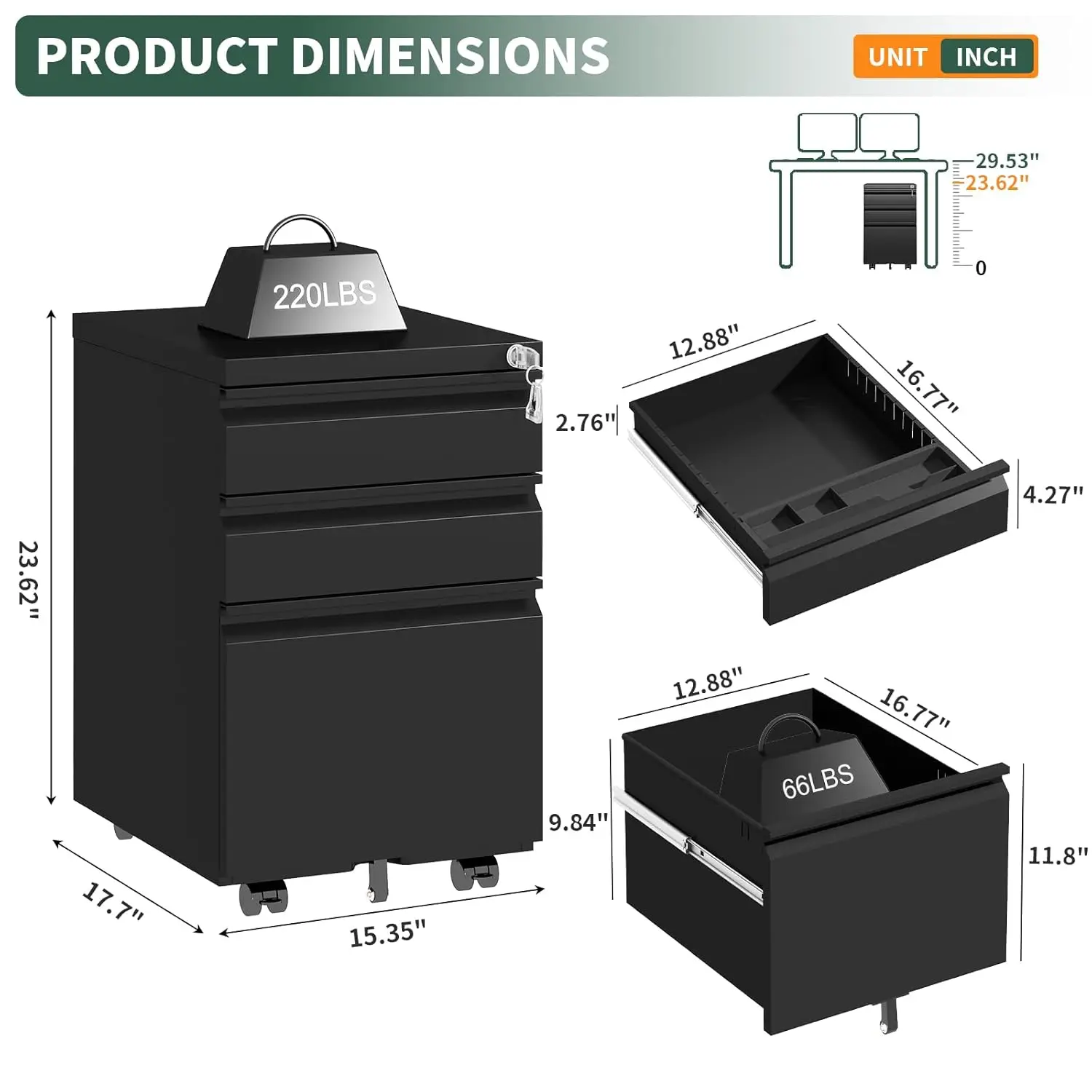 3 Drawer File Cabinet with Lock,Under Desk Rolling Small Filing Cabinet for Home Office Storage,Mobile Steel, Customized