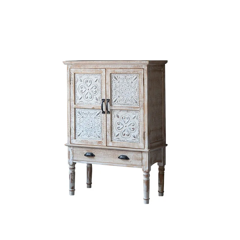 

American retro solid wood homestay white entrance cabinet spot carving old