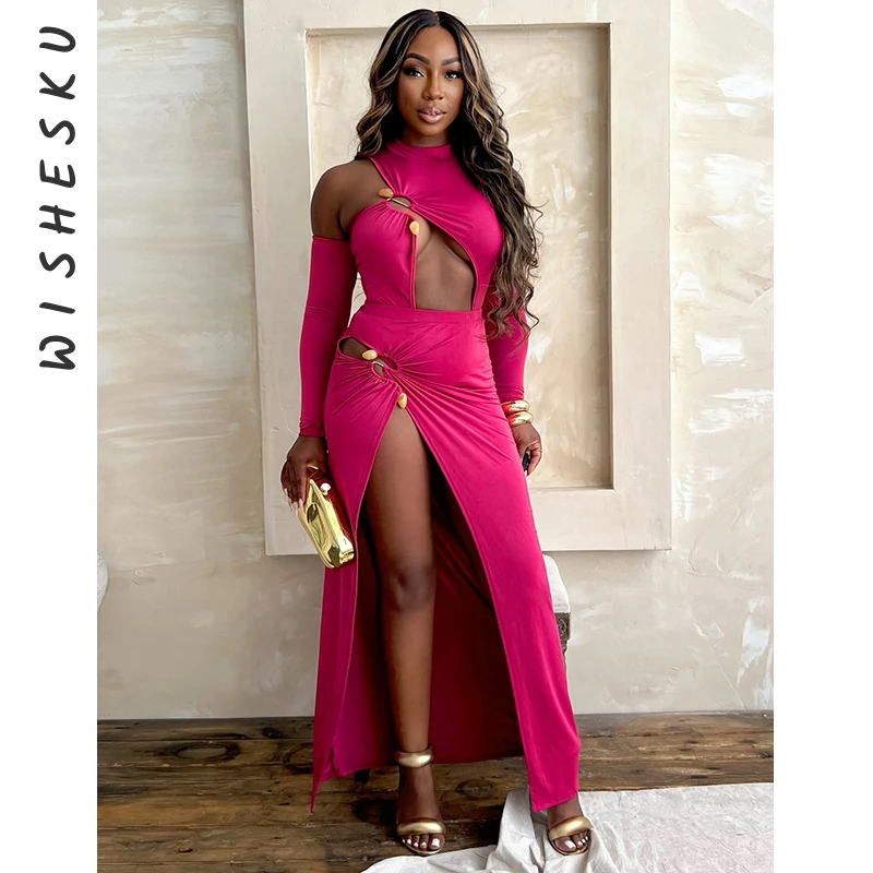 Women Sexy High Side Slit Midi Skirt Suit and Long Sleeve T-shirt Bodysuits Matching Two 2 Piece Skirts Set Club Outfits