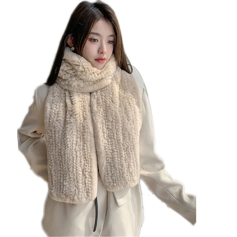 

Long New Winter Women's Genuine Real Rex Rabbit Fur Hand Knitted Scarf Warm Wide Wraps Cape