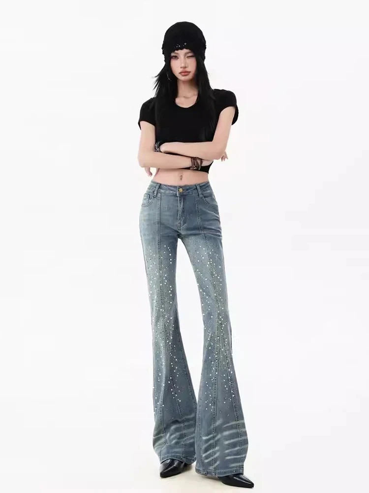 ReddaChic Women Rhinestone Patchwork Flare Jeans Vintage Distressed Slim Fit High Rise Bell Bottoms Going Out Y2K Streetwear