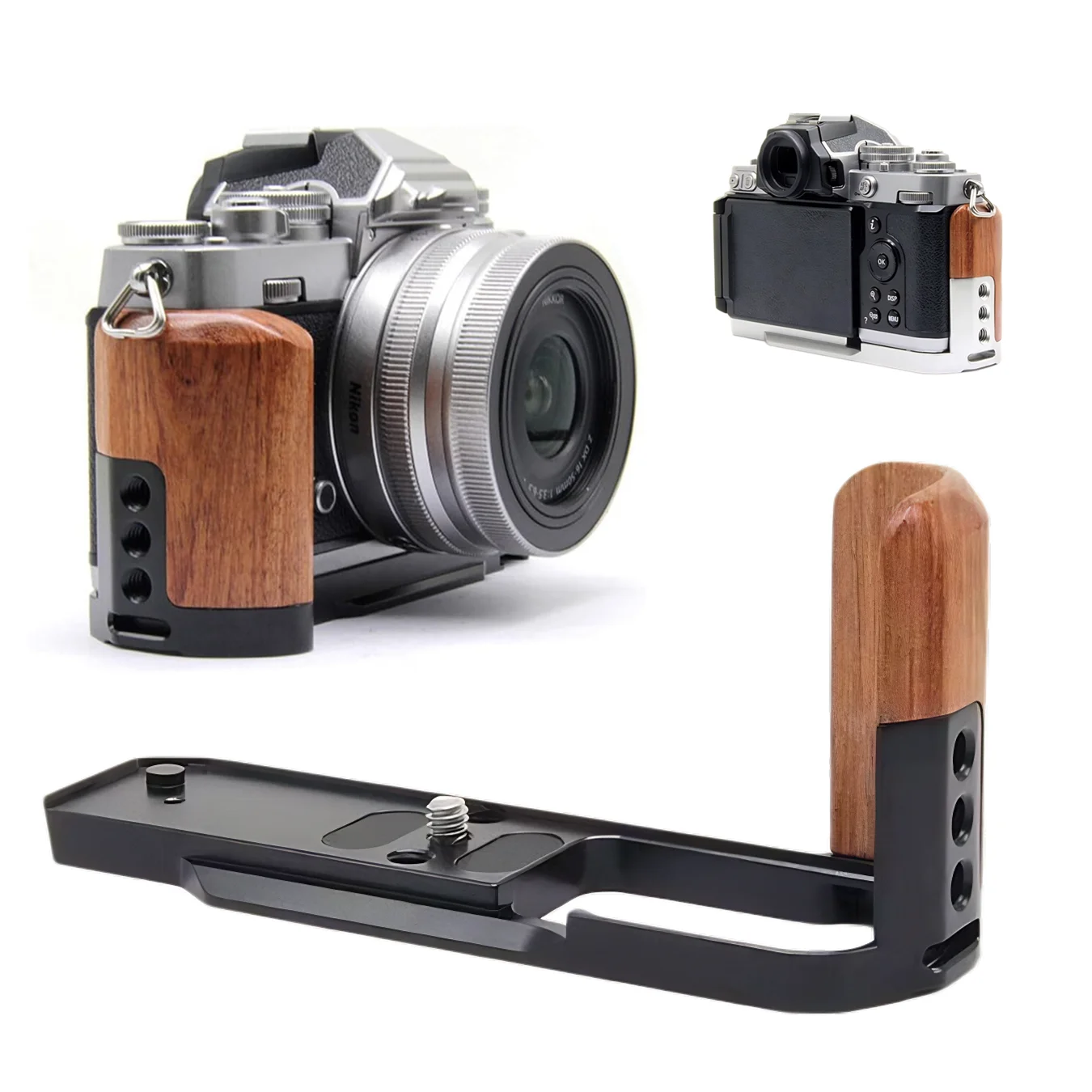 Camera Handgrip Wooden L-Shape Grip Retro-Style Handle Fit for Nikon Z FC, w Arca-Swiss Bottom Plate for Quick Install on Tripod