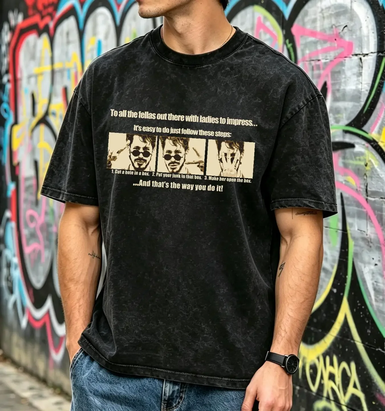 washed T Shirt Lonely island Andy Samberg Funny size small hole in the box comedy vintage Washed Stretched designer clothes