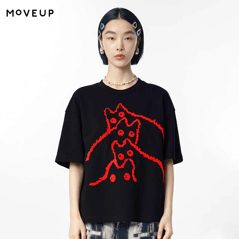 

MOVEUP Short Sleeves Round Neck T-Shirt Spring Cartoon Cat Embroidered Drop Sleeves Pure Cotton Casual Top For Women 125110531