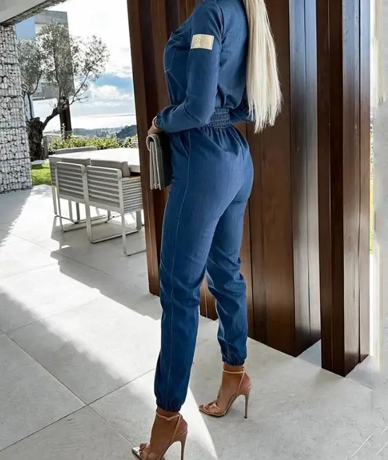 Woman Denim Style Jumpsuit Slim Fit Bodycon Long Sleeve Cotton Jeans Playsuit for Women Elegant Romper Overalls Streetwear