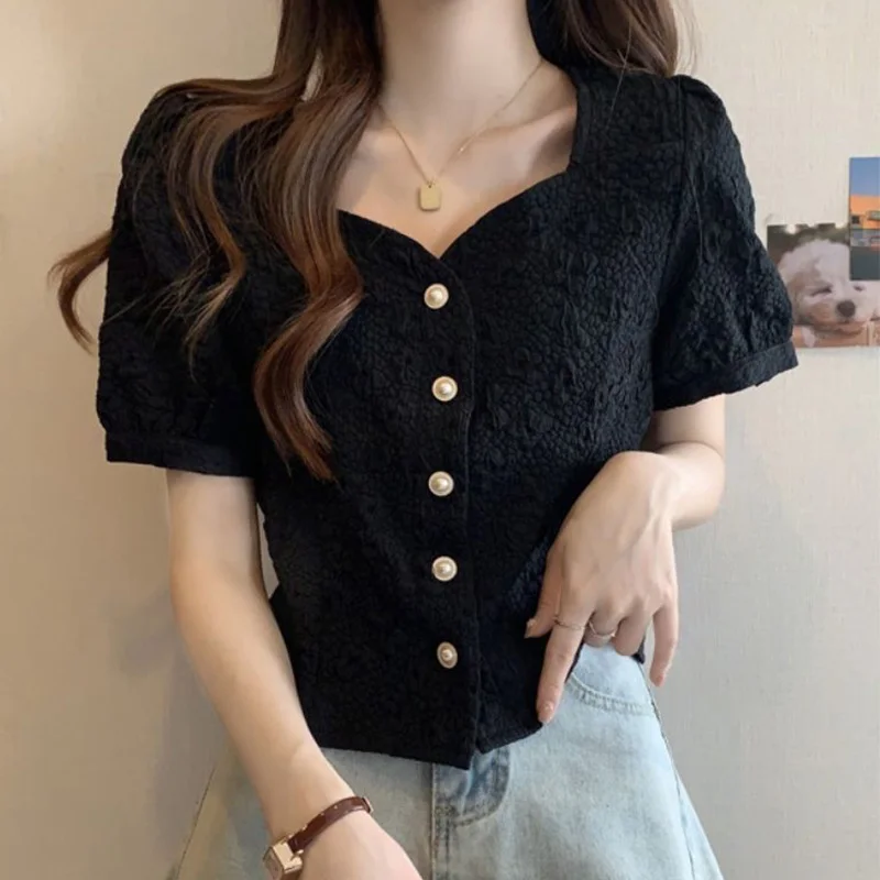 2024 New Summer Women\'s Shirt Elegant Fashion Retro Korean Style Sweet Button The Square Collar Solid Short Sleeve Chic Y2K Tops