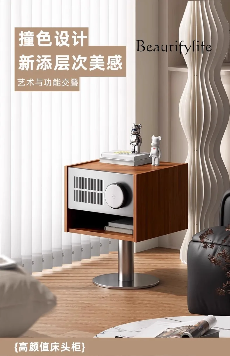 Medieval solid wood stainless steel audio bedside table with lighting small creative living room bedroom storage