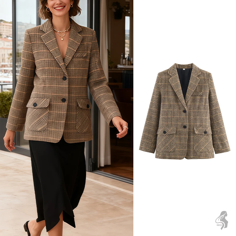 

Womens Houndstooth Blazer Single Breasted With Button Pockets Autumn And Winter Retro Loose Fit Work Suit Jacket Woman Clothes