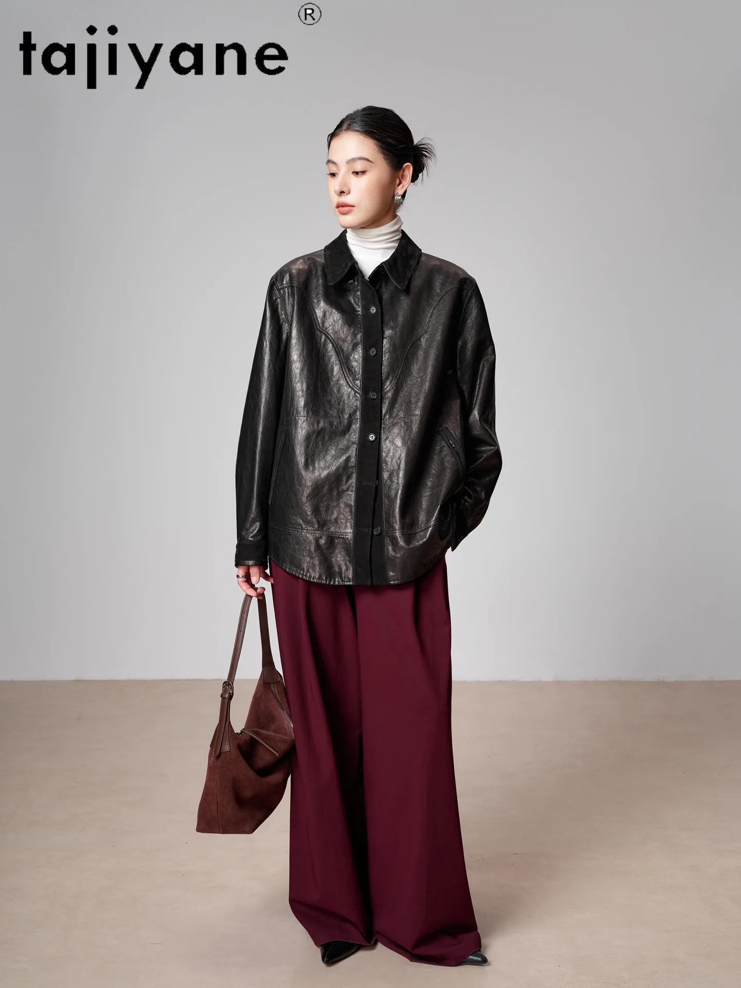 TAJIYANE Oil‑Waxed Goatskin Genuine Leather Jacket Woman Mid‑Length Loose Trench Coat Autumn Shirt Coats Women Clothes 2026 가죽자켓