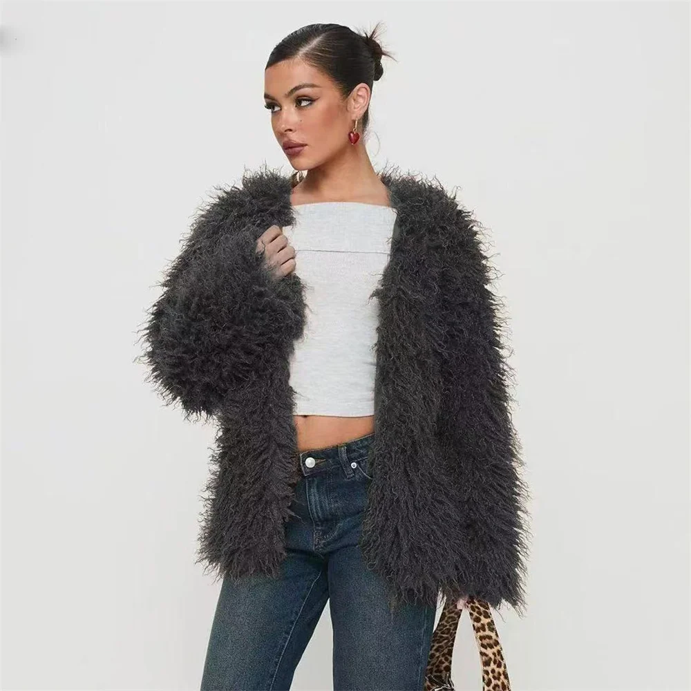 Abrigo de invierno de piel sintética para mujer, abrigo de lana de imitación gruesa de felpa, ropa informal con botones ocultos a la moda para mujer, abrigos de invierno para mujer