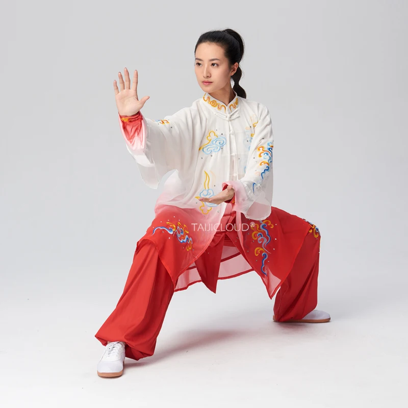 

Women's Gradient Tai Chi Suit Set: Embroidered Auspicious Clouds, 3-Piece with Cape for Group Performance & Competition