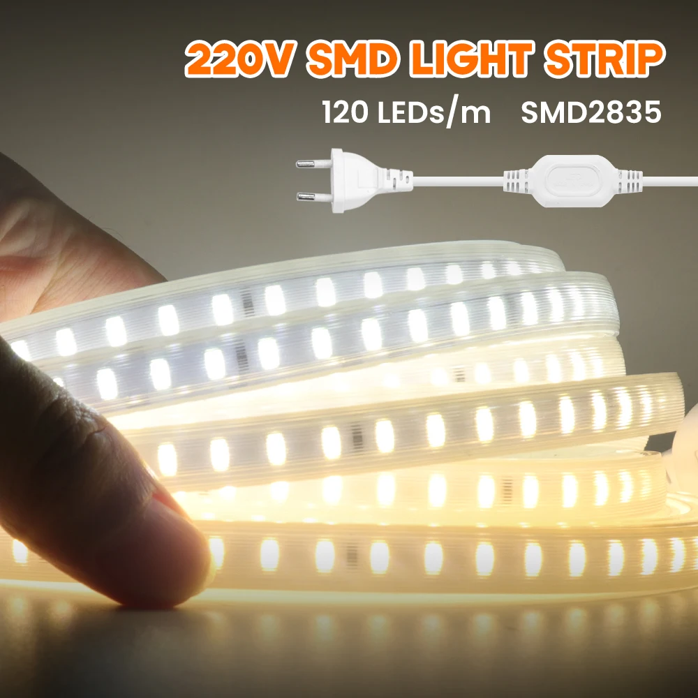 IP65 Waterproof LED Strip Light AC220V 230V 2835 SMD 120LEDs/M Wireless String Rope Lamp ON OFF Switch 3000K 4000K 6500K White