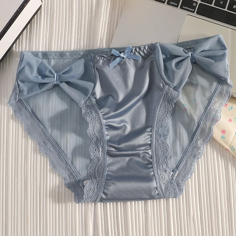 Women Sexy Satin Lace Mesh Transparent Bow Underwear Cute Lovely Sweety Princess Panties Ruffles Breathable Elasticity Breifs