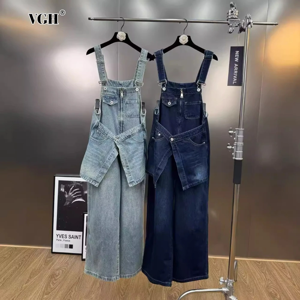 

VGH Solid Spliced Fake Two Piece Denim Jumpsuit for Women High Waist Patchwork Multi Pocket Basics Loose Overall Female Fashion