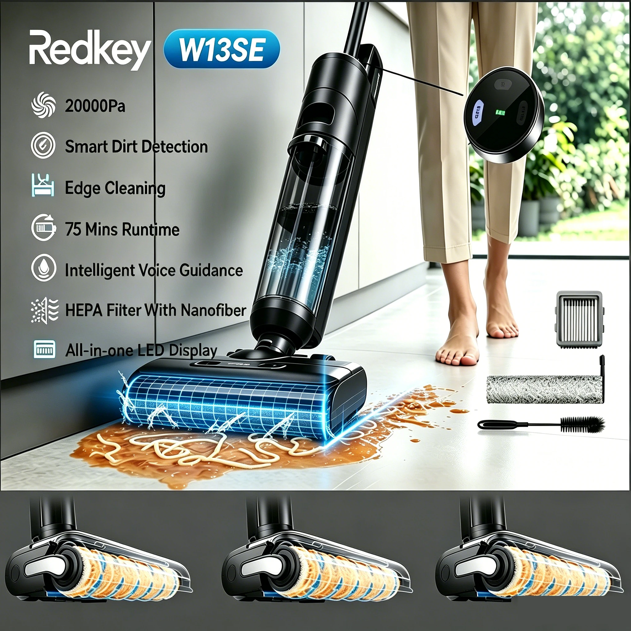 Redkey W13 SE Kabelloser Selbstreinigender Nass-Trocken-Staubsauger mit Wischfunktion, Flachliegend, Geräuscharm, Schnelles Aufladen, 20000 Pa, 75 Min. Laufzeit, Bodenreiniger für Zuhause
