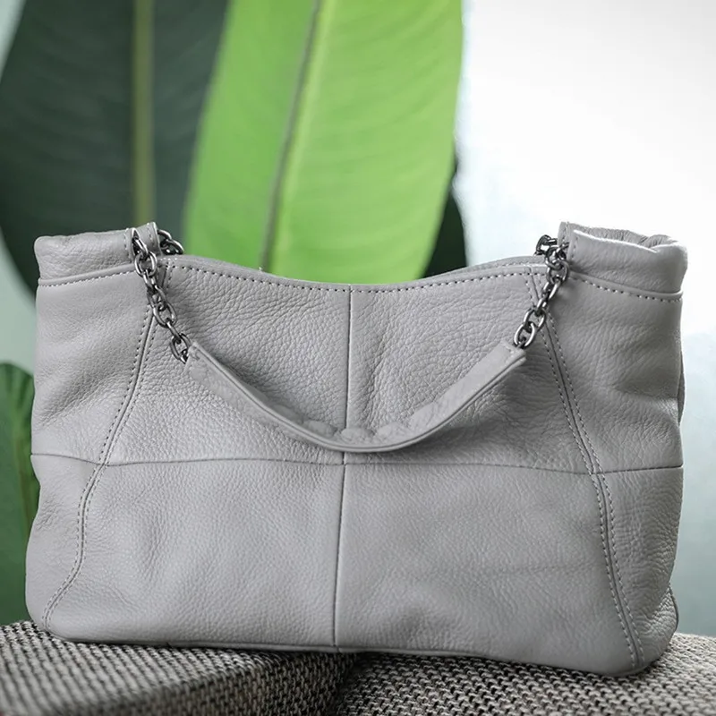 Luxury Handbag Female Soft Cowhide Skin Chain Bag 100% Genuine Leather Tote Bags For Women Gray Shoulder Crossbody Messenger Bag