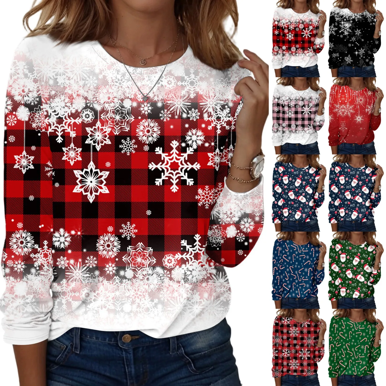 

Christmas Theme Printed Fashion Long Sleeve Round Neck Pullover Top Blouse for Women Loose Comfy Versatile Daily Wearing