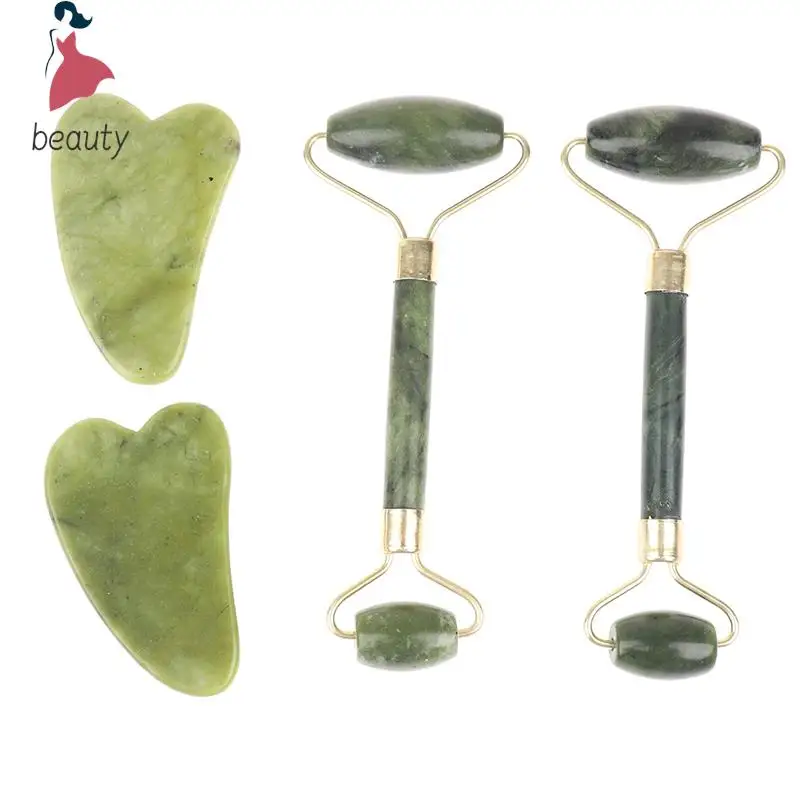 Natural Gua sha Jade Stone Massage Roller + Guasha Board SPA Scraper StoneAcupoint Face Eye Care SPA Massage Tool Set