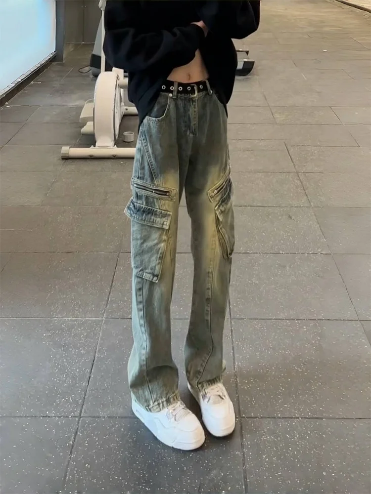 Retro American Washed Knife  Men's Jeans Multiple Pockets Workwear Pants Slim Straight Leg Bell Bottoms Casual Denim