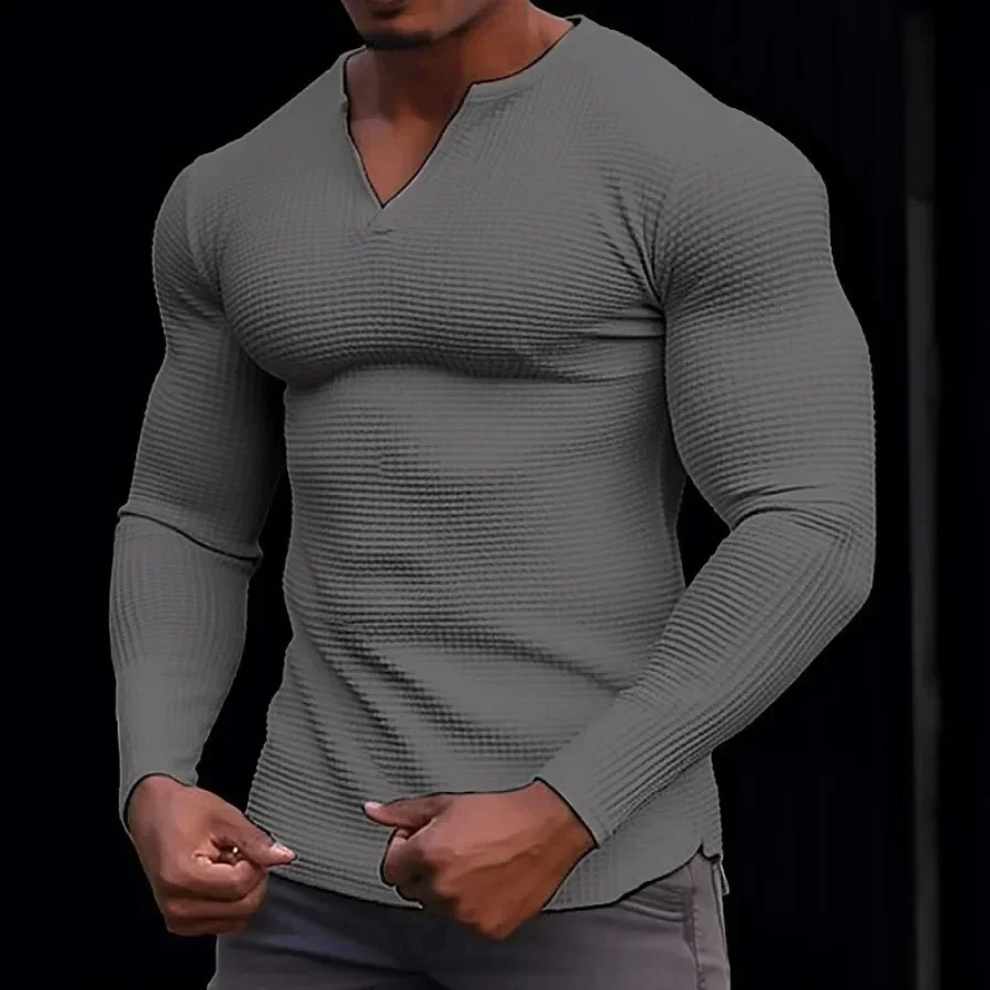 New Men's Long Sleeve Waffle Casual T-shirts Men Fashion Simple V-neck Sweatshirts Tops Spring Male Slim Comfortable Sport Tees