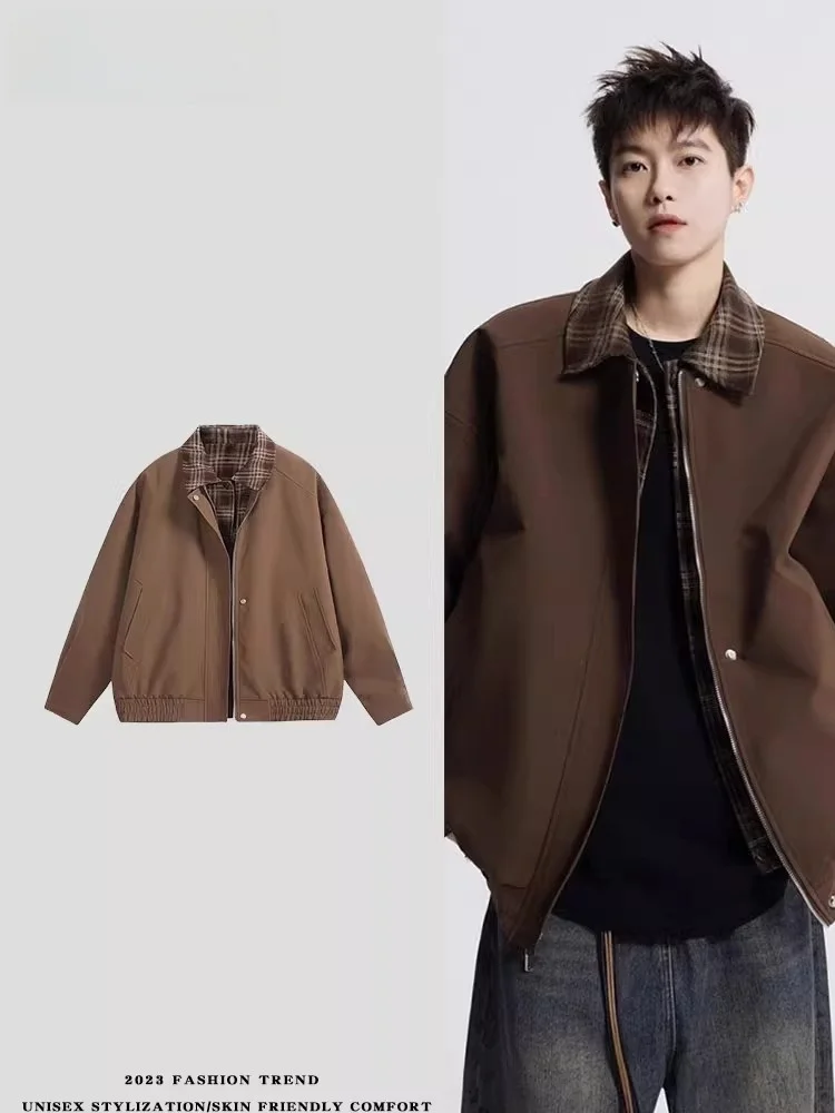 

Brown ort Jaet Collar Men's Spring Autumn Vintage Sle Fake Two-Piece Baseball Vest Loose Fit Youthful Polyester Fiber