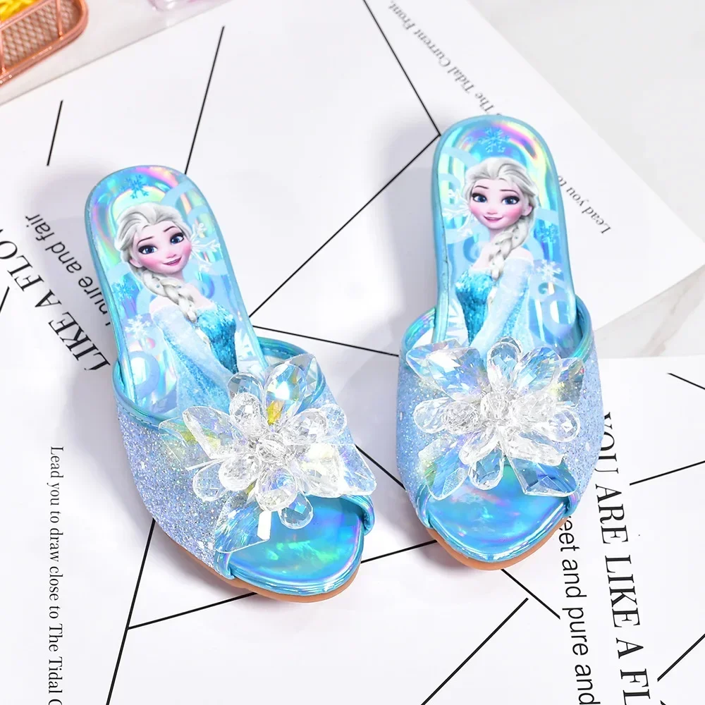 Disney Frozen Princess Elsa Shoes Slippers Girls\' High Heels Mules Fashion Crystal Shoes Children\'s Summer Sandals Size 26-37