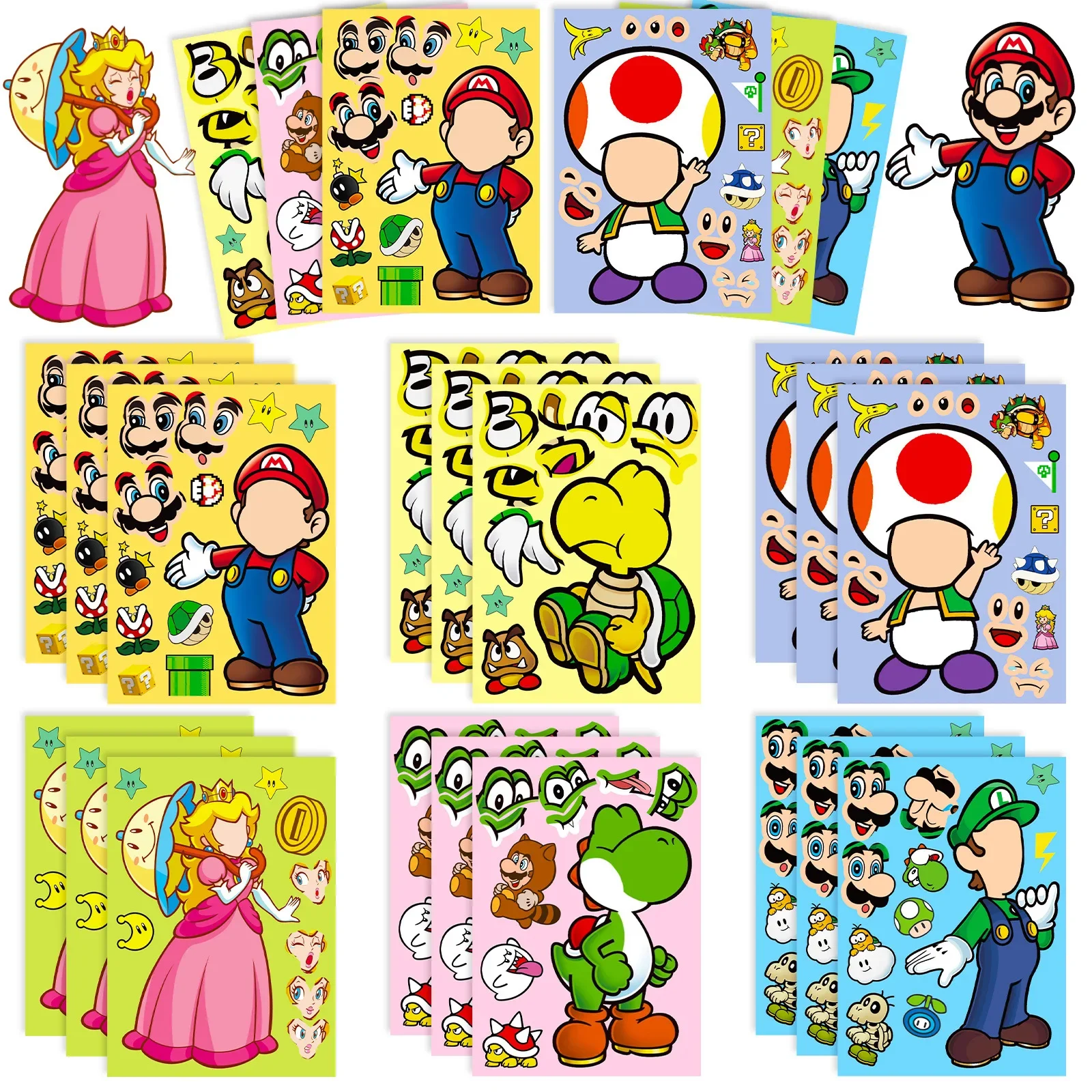 

6pcs/set Super Mario Cartoon Sticker Toy Face Change Diy Puzzle Sticker Mario Action Figure Anime Peripheral Children's Toy Gift