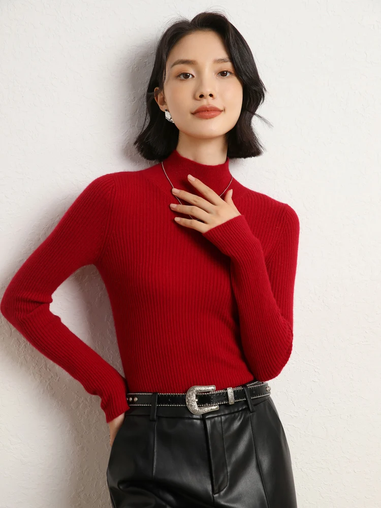 

2025 Fashion Women's Mock Neck Pullover Warm Sweater Autumn Winter Solid Color Basic Soft 100% Cashmere Knitwear Grace Slim Tops