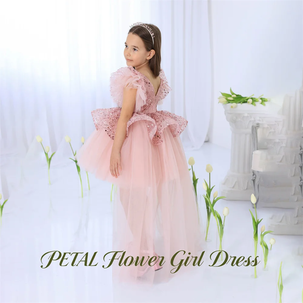 Petal Glitter Sequin Kids Birthday Party Dress Train At Back Pageant Dress for Girl Pink First Communion Gown Customized