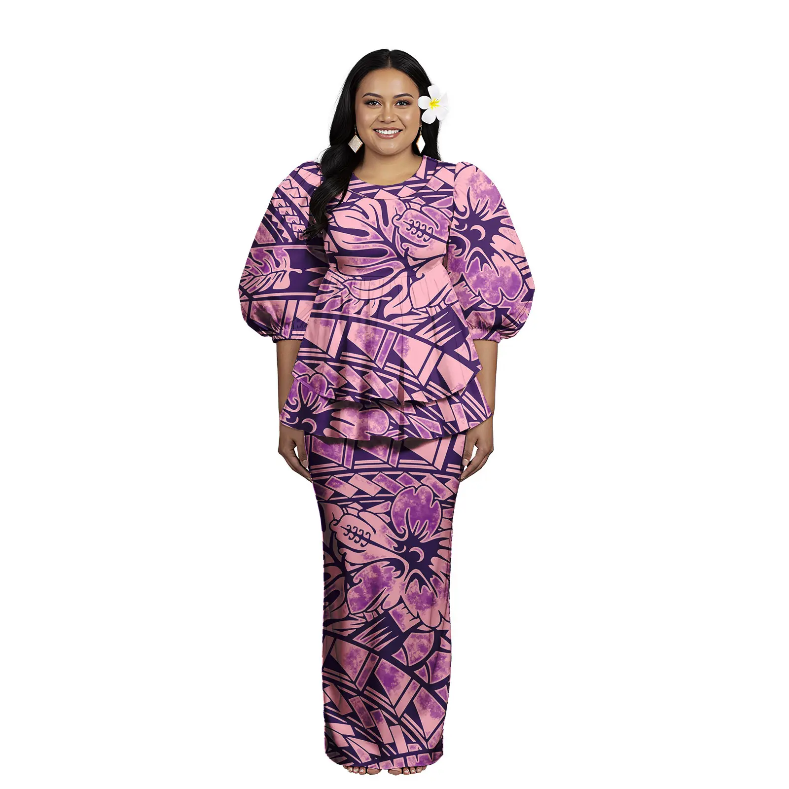 هاواي Puletasi نفخة الأكمام قميص وفساتين النساء 2 قطعة طباعة حسب الطلب Puakenikeni Puletasi حجم كبير فساتين حريمي مخصص