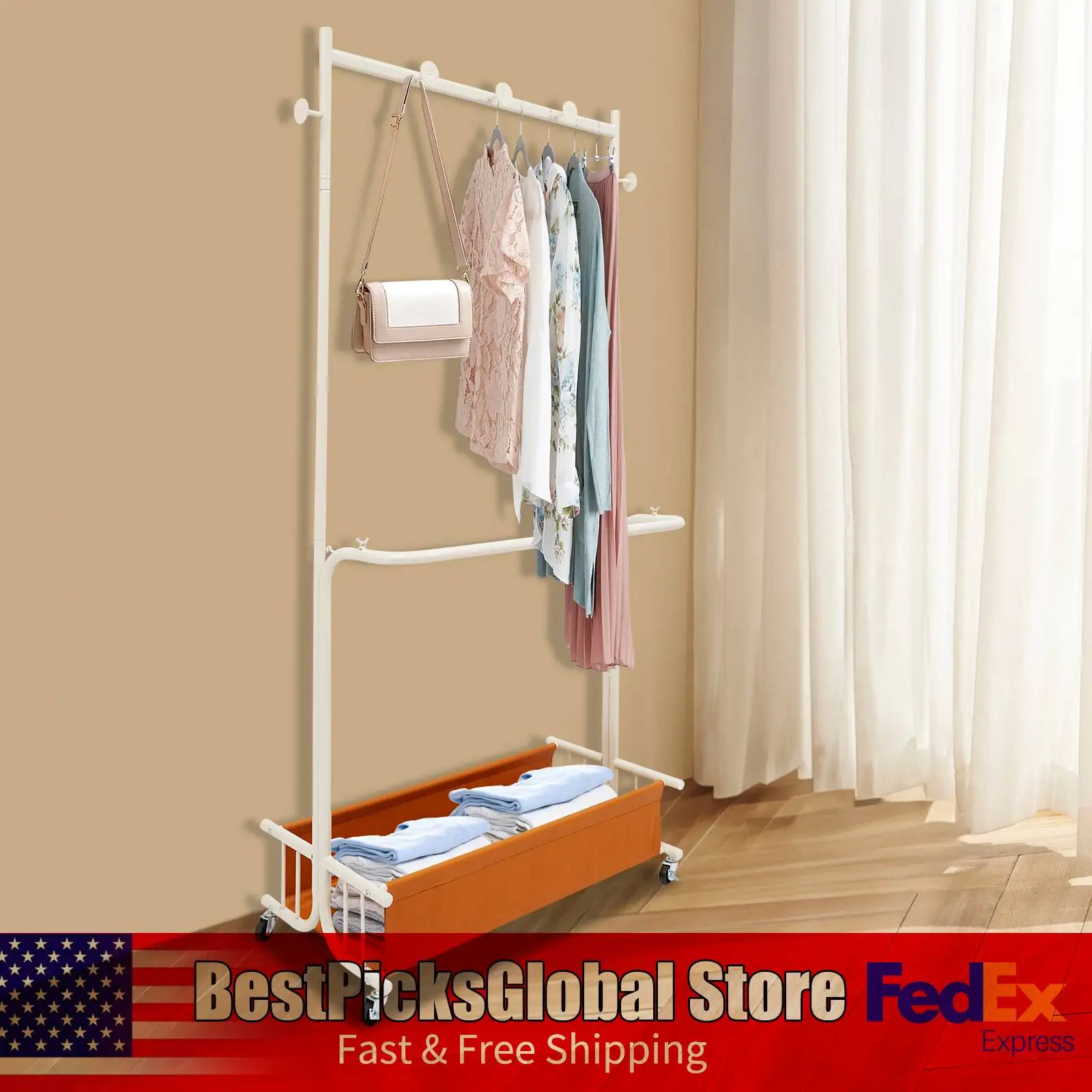 

Metal Clothing Rack with 5 Hooks Flexible Movable Garment Rack for Bedroom, Living Room, Cream White