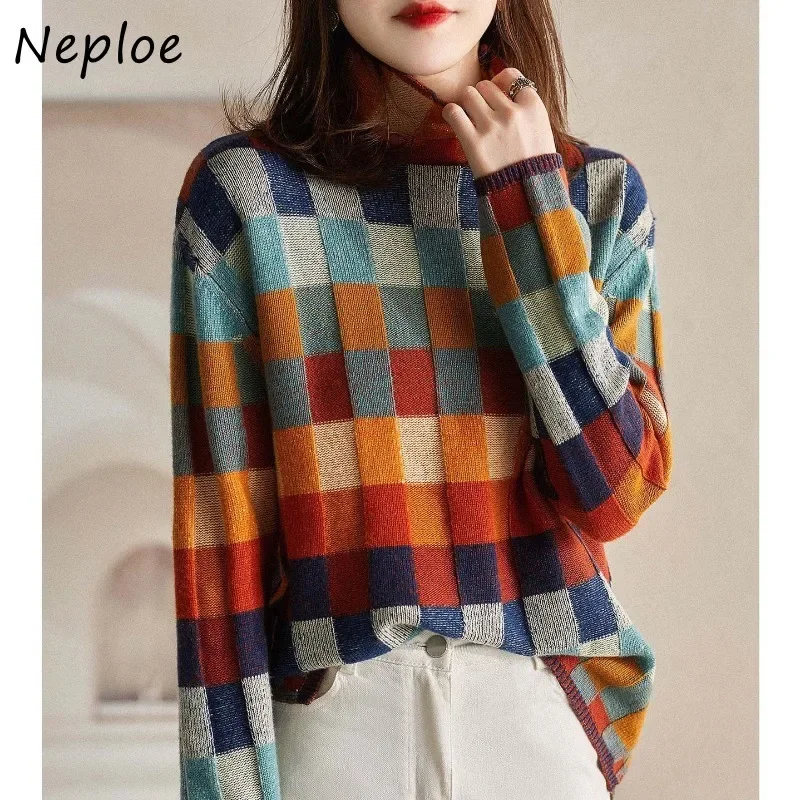 Neploe Gorgeous Colorful Checkerboard Checkered Knitted Sweater 2024 Autumn Winter High Neck Lazy Style Slim Outer Wear Pullover