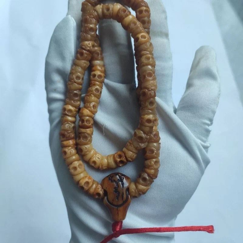 Yak bone carved skull-shaped prayer beads beveled edges, small size 108, handheld with large-sized three-way connector acce