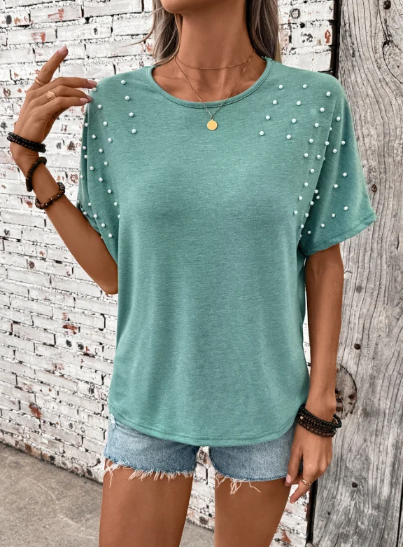

Leak back solid color nail bead round neck versatile women's T-shirt