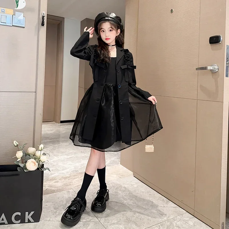 Spring Autumn Kids jacket Teenage girl dress 5-12T Young Girls Blazers Dresses Suit Two-pieces Suit Stitching yarn Skirt Coats