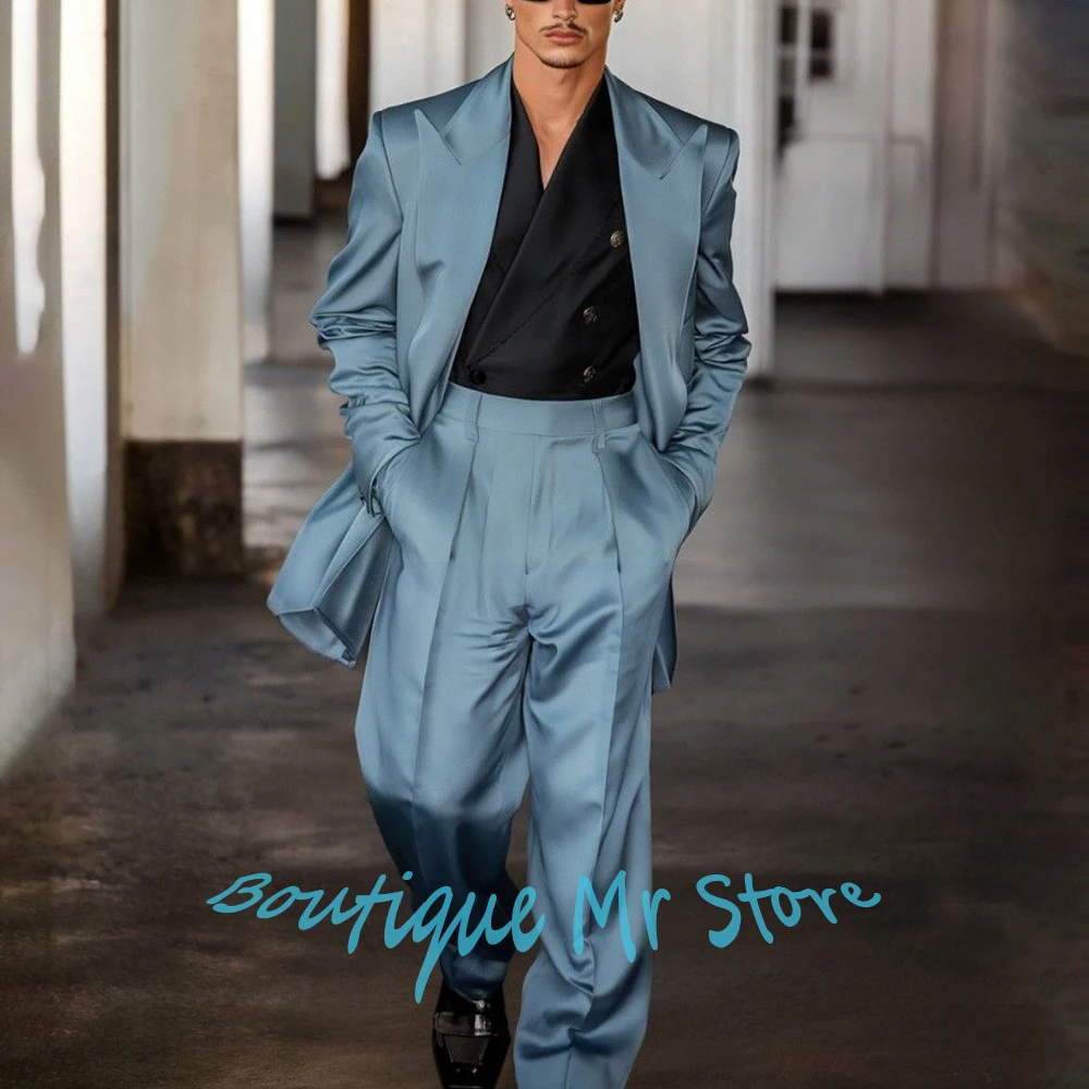 

Elegant Blue Man Stain Suit 2Piece Set Single Breasted Peaked Lapel Blazer+Wide-Leg Pants for Luxury Formal Style Occasions
