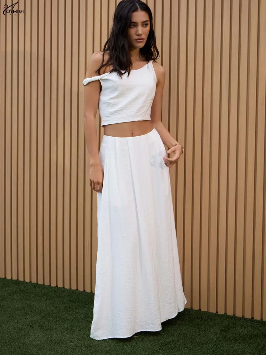 Oymimi, conjunto elegante blanco de 2 piezas para mujer, conjunto de Tops cortos con tirantes finos simples a la moda + faldas holgadas hasta el suelo de cintura media